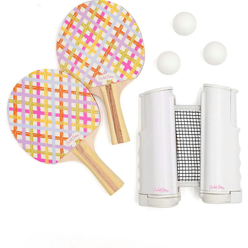 Packed Party Game Set Match Table Tennis Set - 2 Multicolor Plaid Wooden Paddles, 3 Balls, and Retractable Net for Any Table, 6-Piece Complete Set