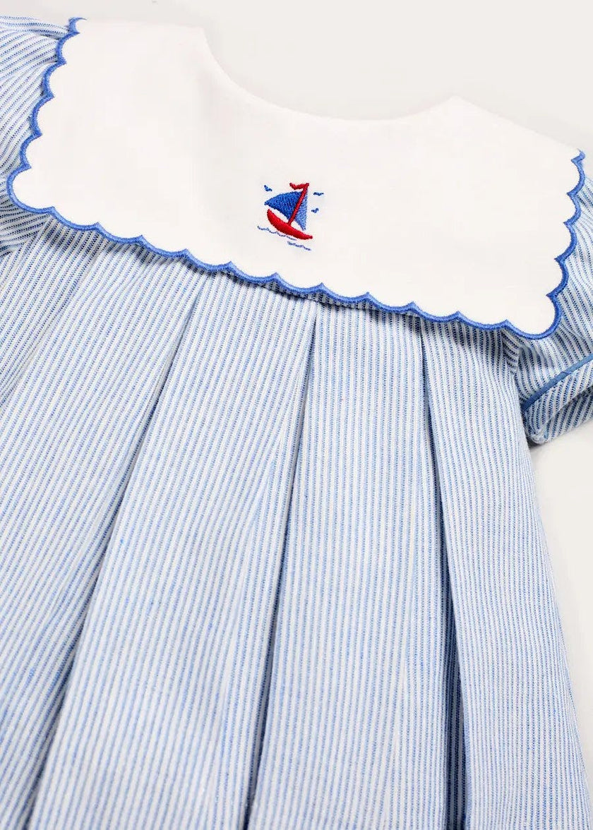 Alexander Stripe Mariner Collar Embroidered Boat Detail Dress with Bloomers in Blue (6mths-3yrs)