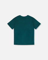 Organic Cotton Jersey T-Shirt With Print Dark Turquoise