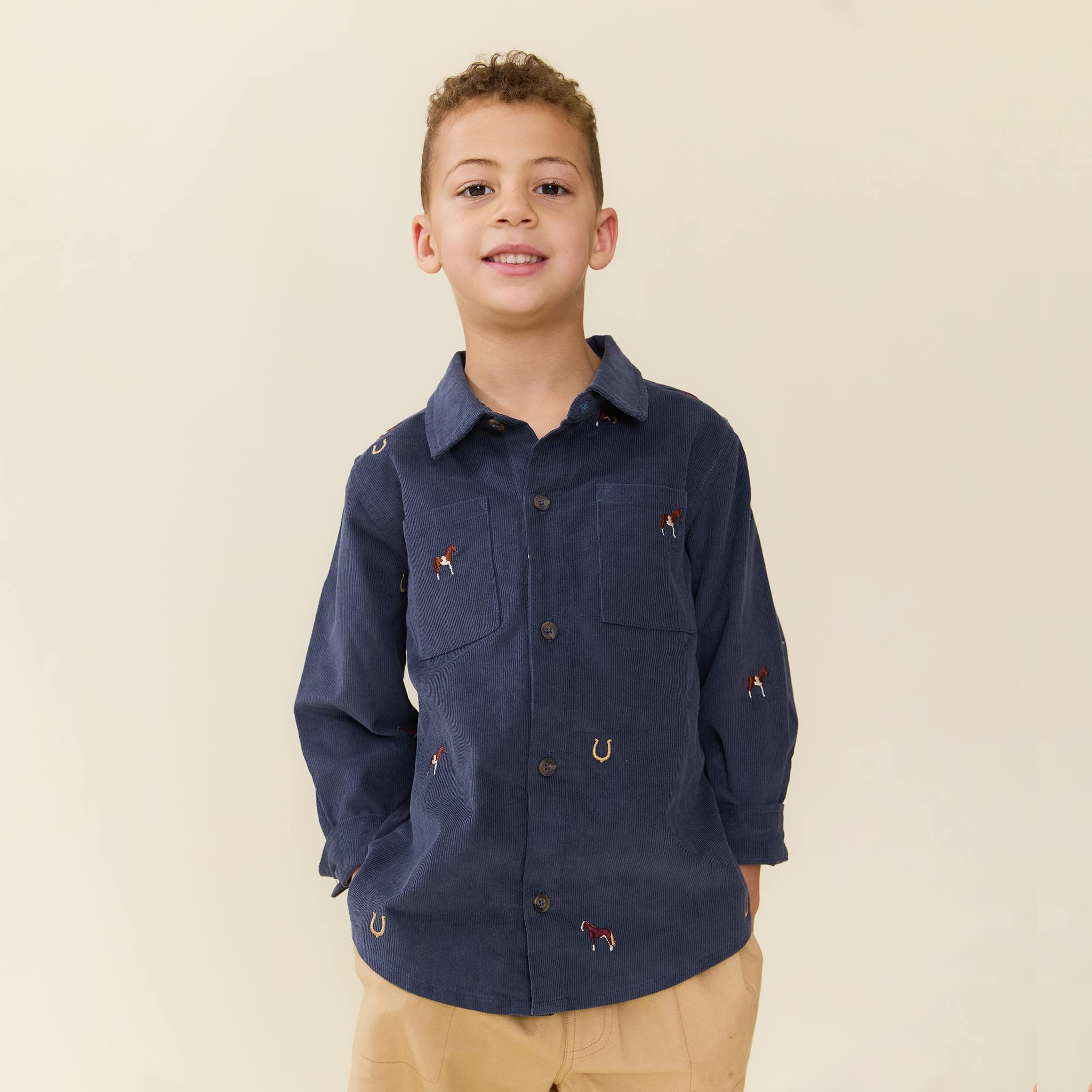 Boys Long Sleeve Jack Shirt - Navy Horse Embroidery