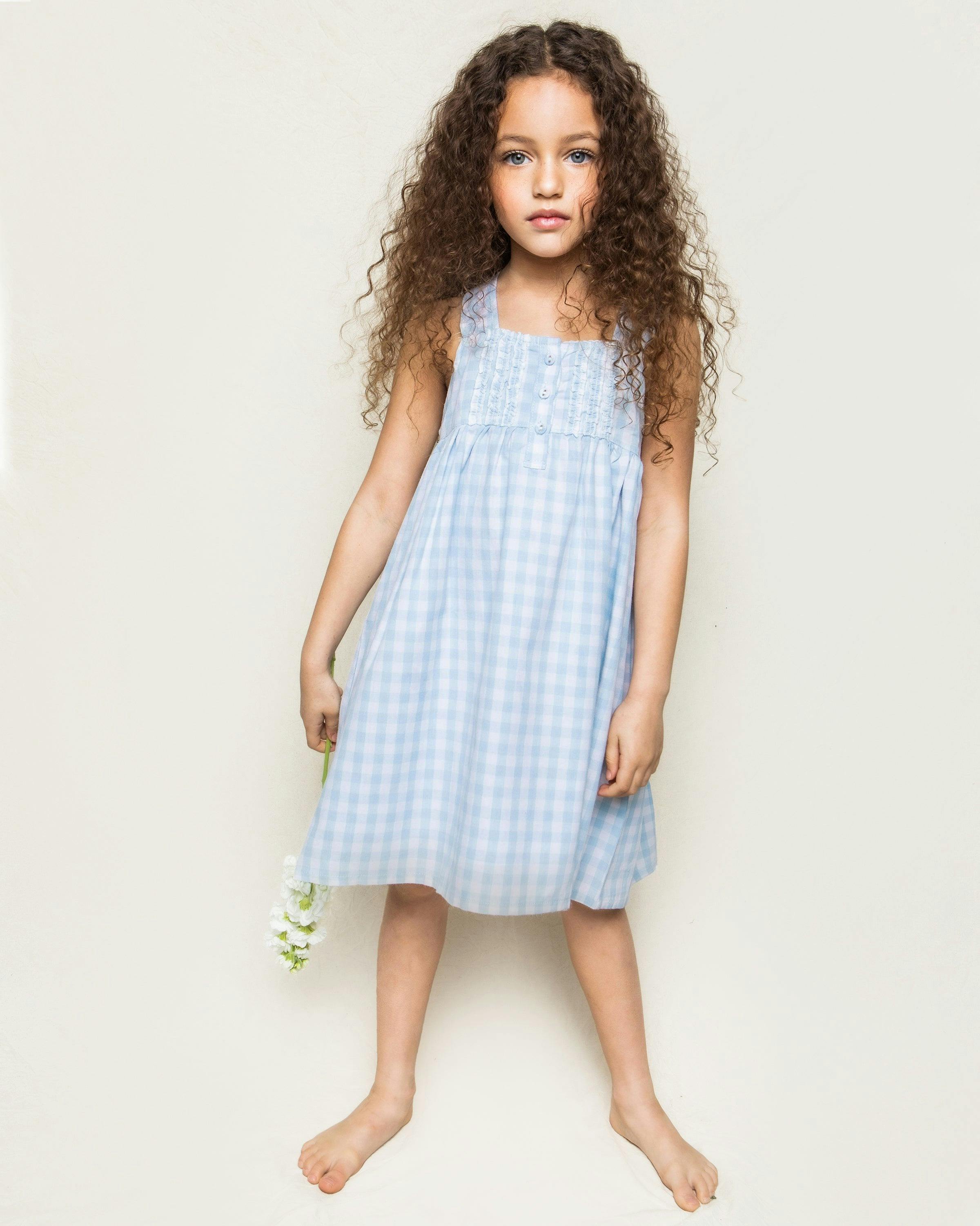Girl's Twill Charlotte Nightgown in Light Blue Gingham