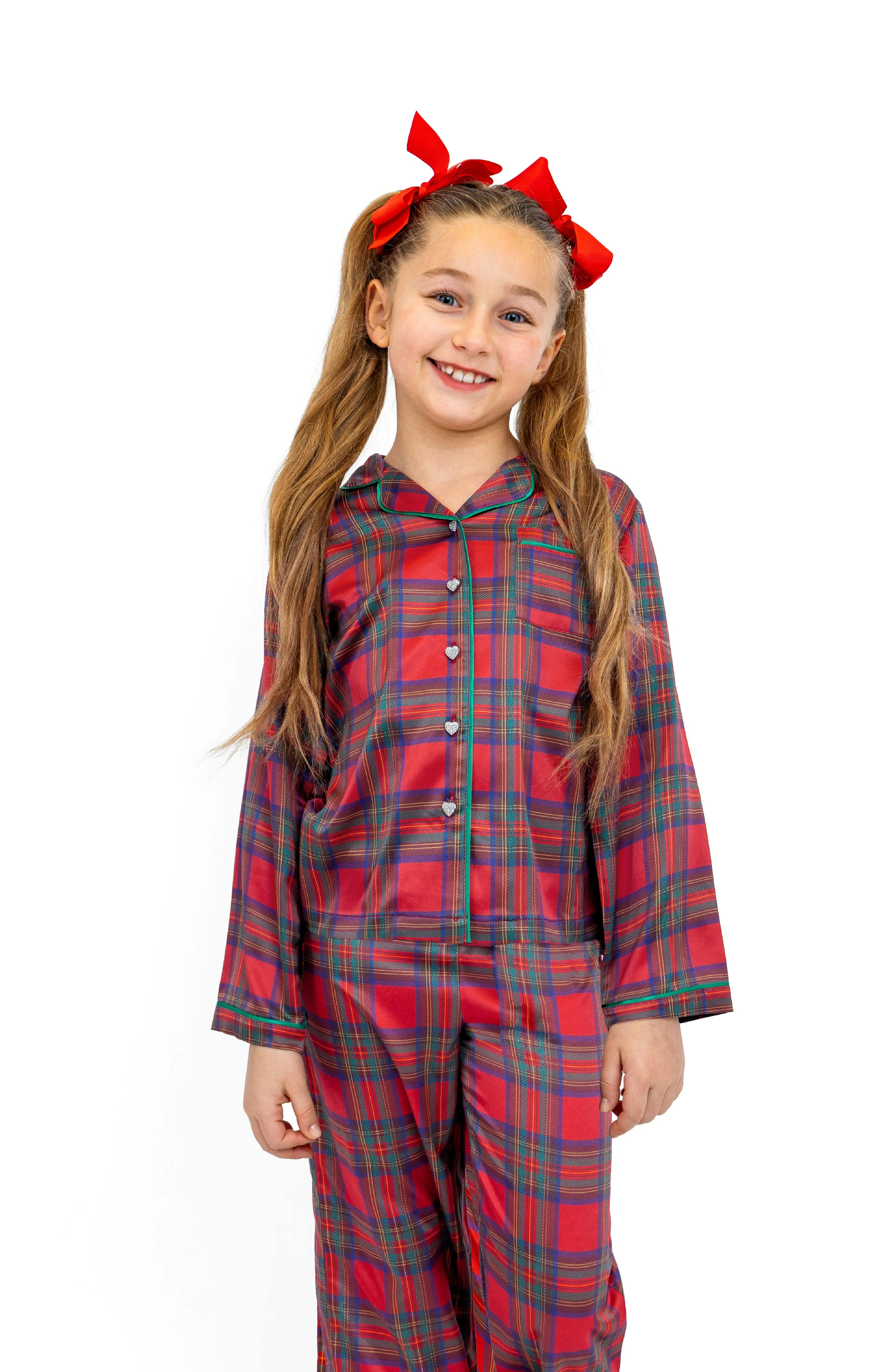 Girls Christmas Plaid Long Sleeve Satin PJ