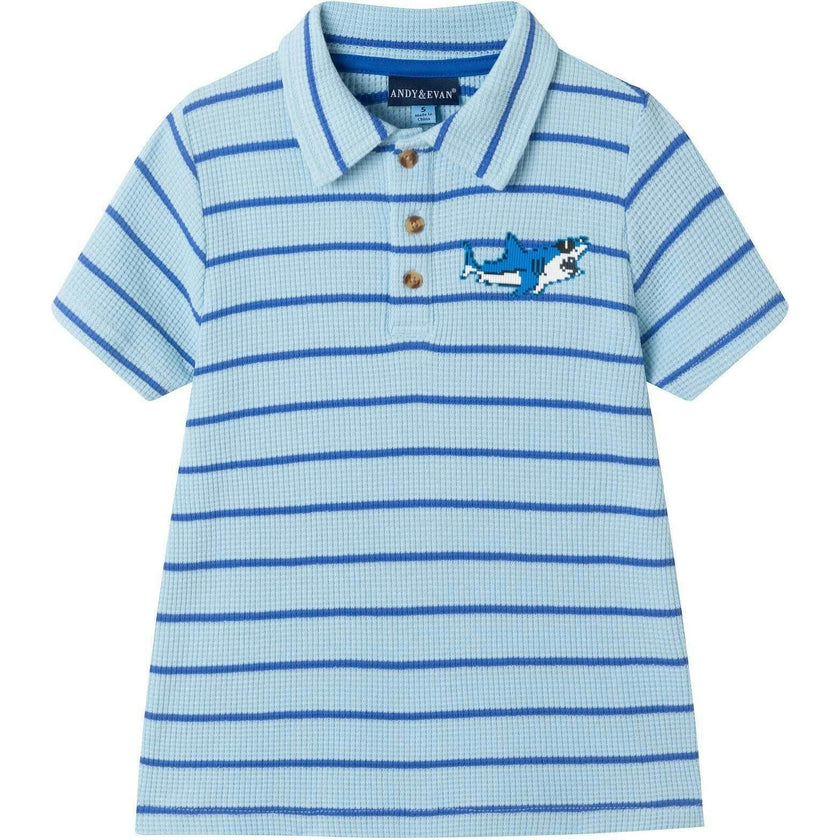 Boys Striped Waffle Polo Set | Blue Shark