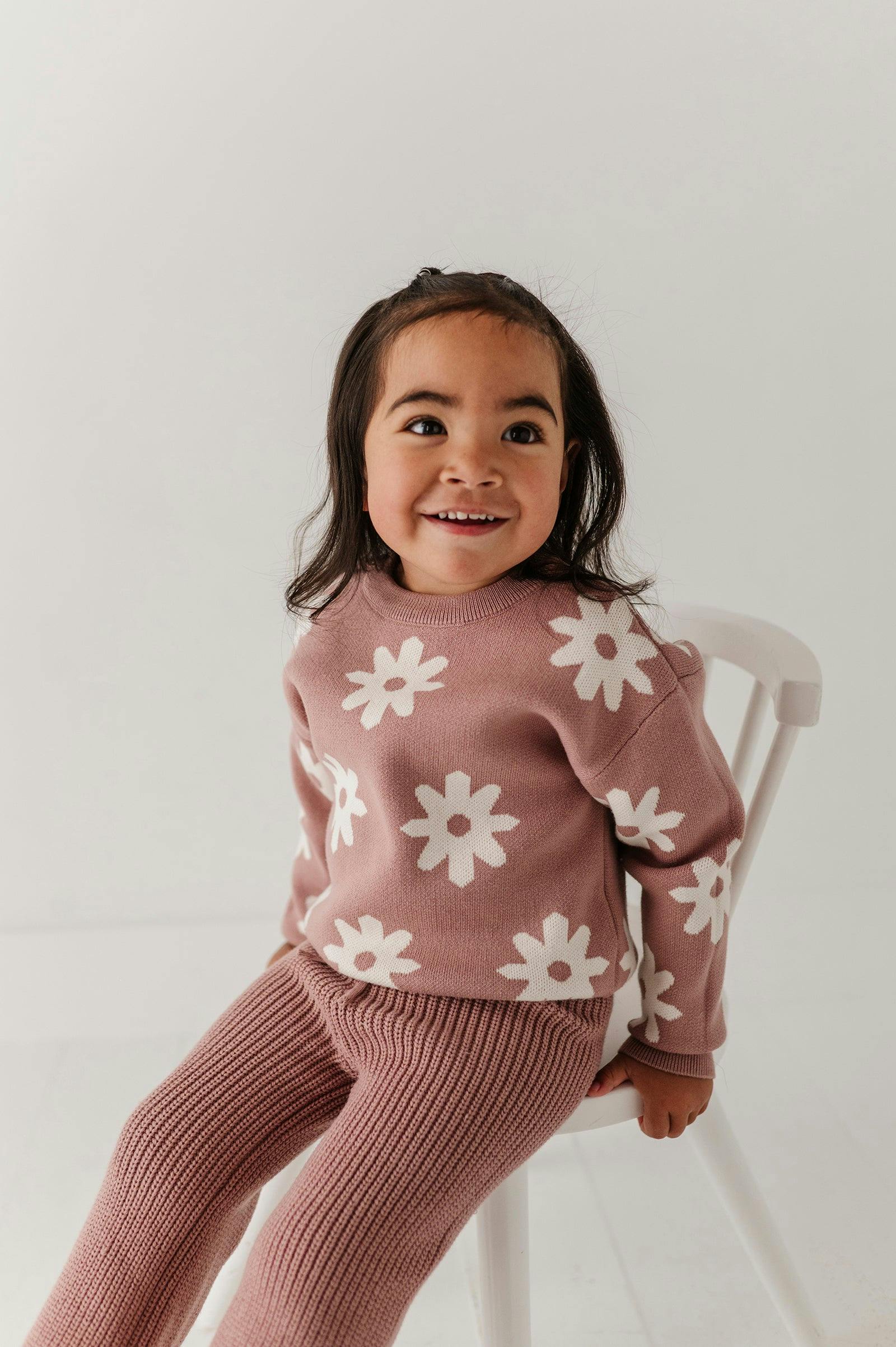 Girls Knit Sweater in Rose Daisies