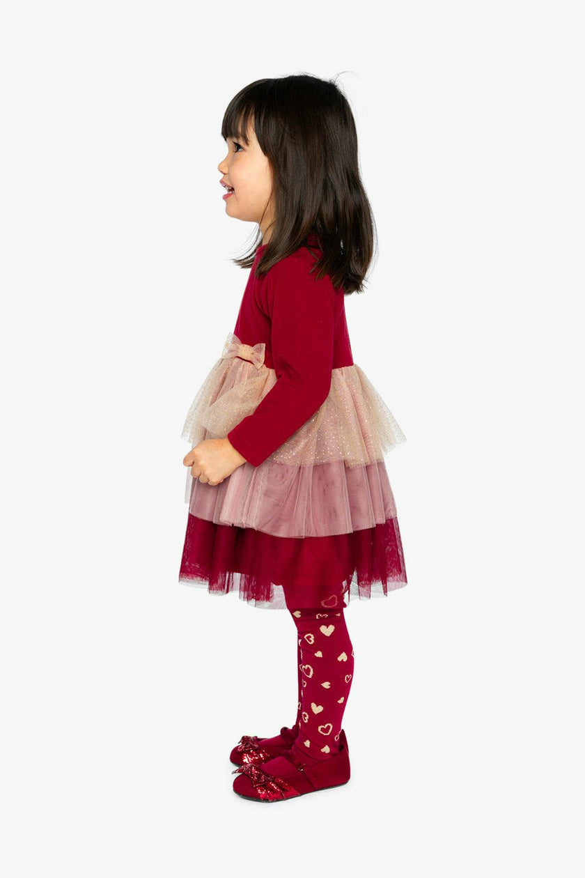 Bi-Material Dress With Glittering Skirt Red