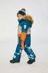 Two Piece Play Snowsuit Navy And Rust Colorblock With Blue Bear Print Pants