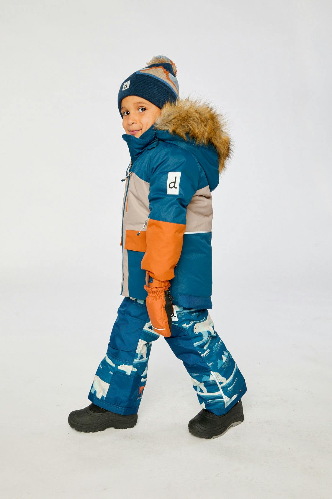 Two Piece Play Snowsuit Navy And Rust Colorblock With Blue Bear Print Pants