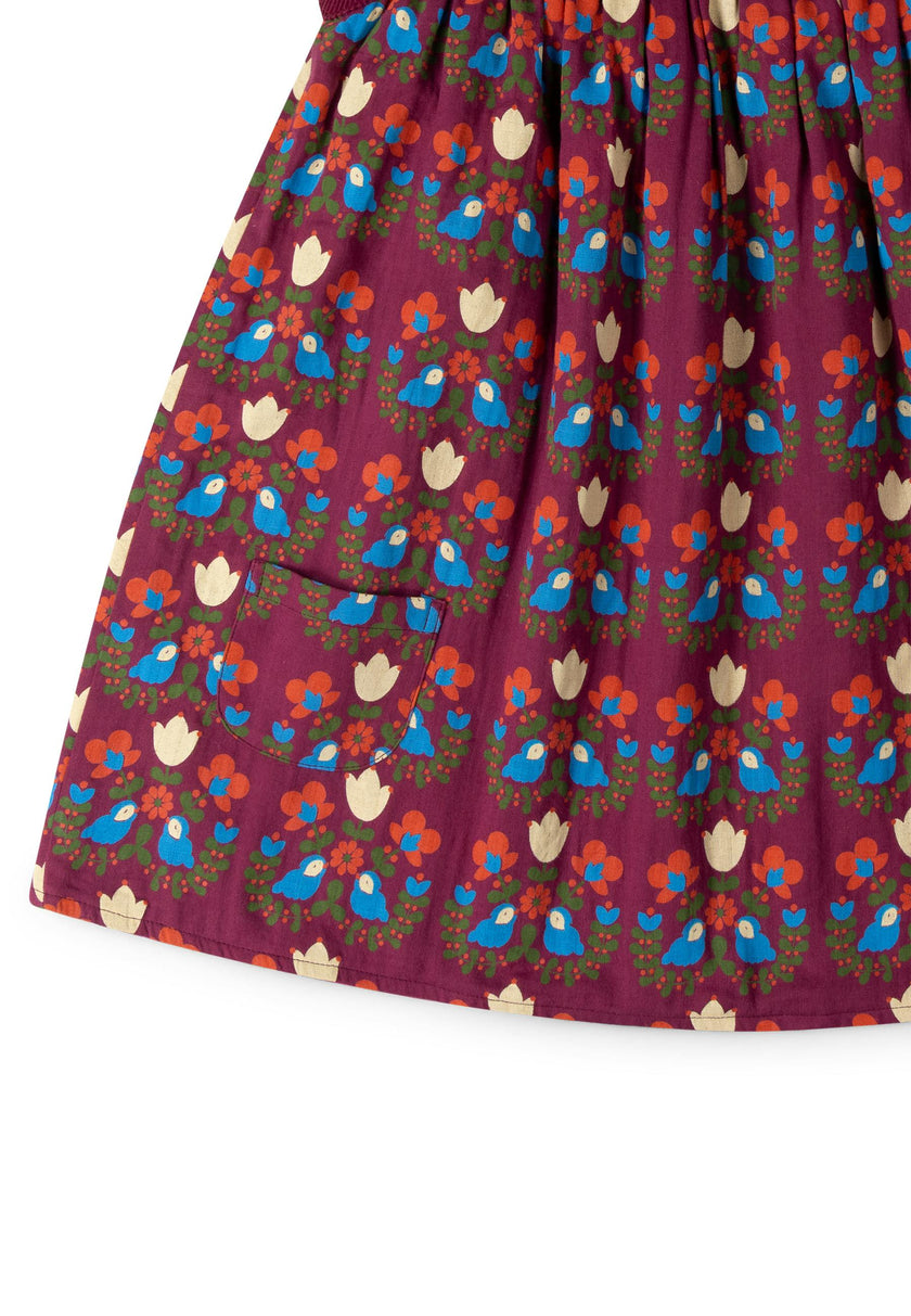 Folk Birds Reversible Swing Dress, Purple