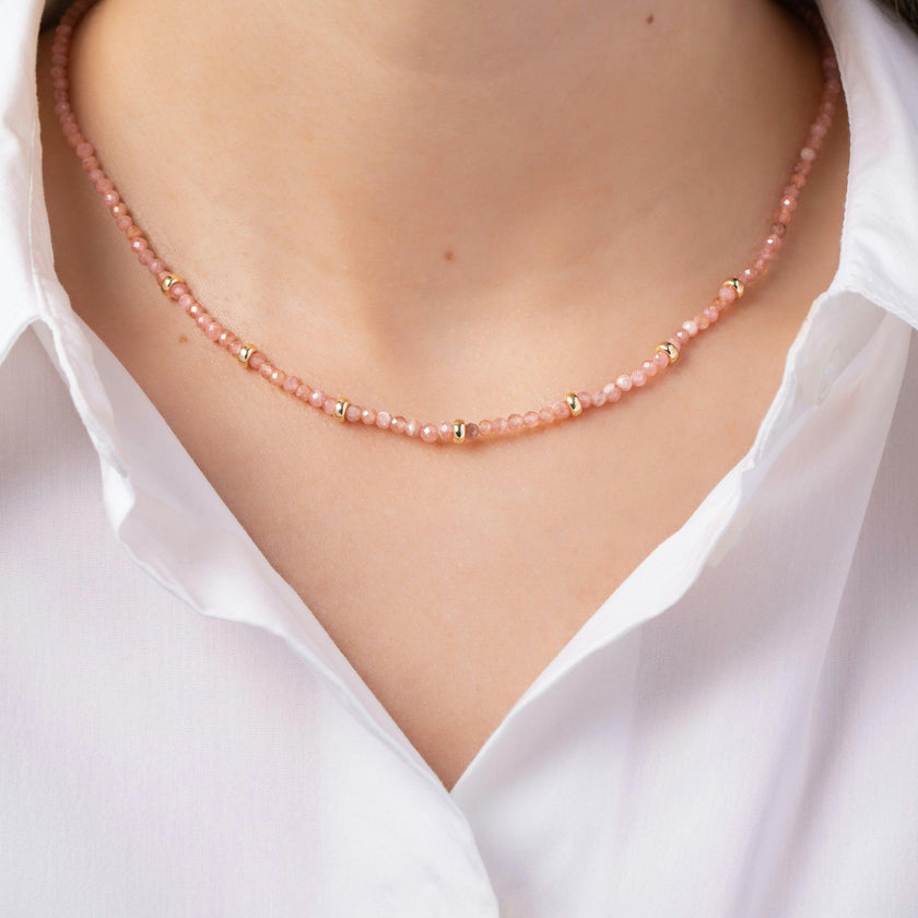 14K Gold Pink Rhodochrosite Segment Bead Necklace