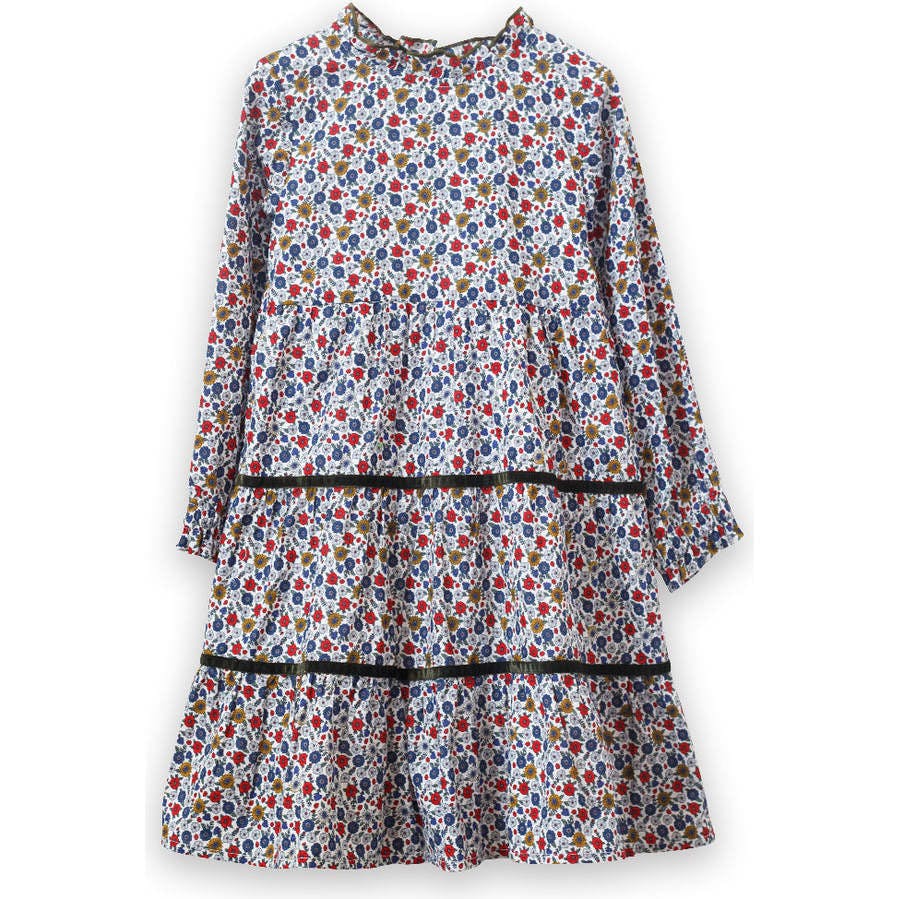 Long Sleeves Tiered Skirt Dress with Velvet Trim