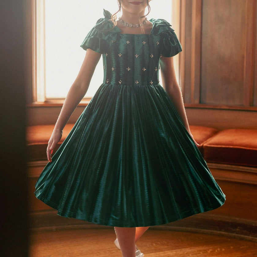Mini Tiara Dress in Green Velvet