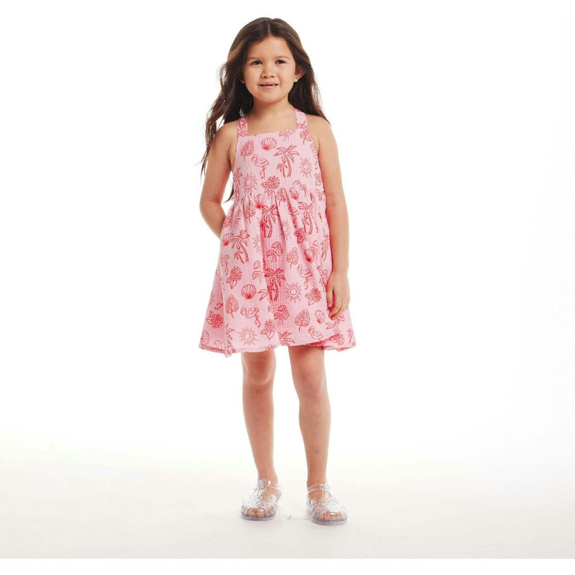 Kids Pink Tropical Icon Printed Gauze Dress