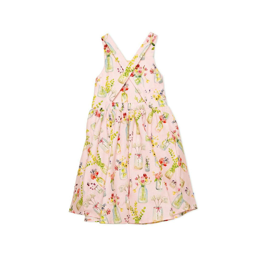 Cross Back Twirly Dress in Pink Plants