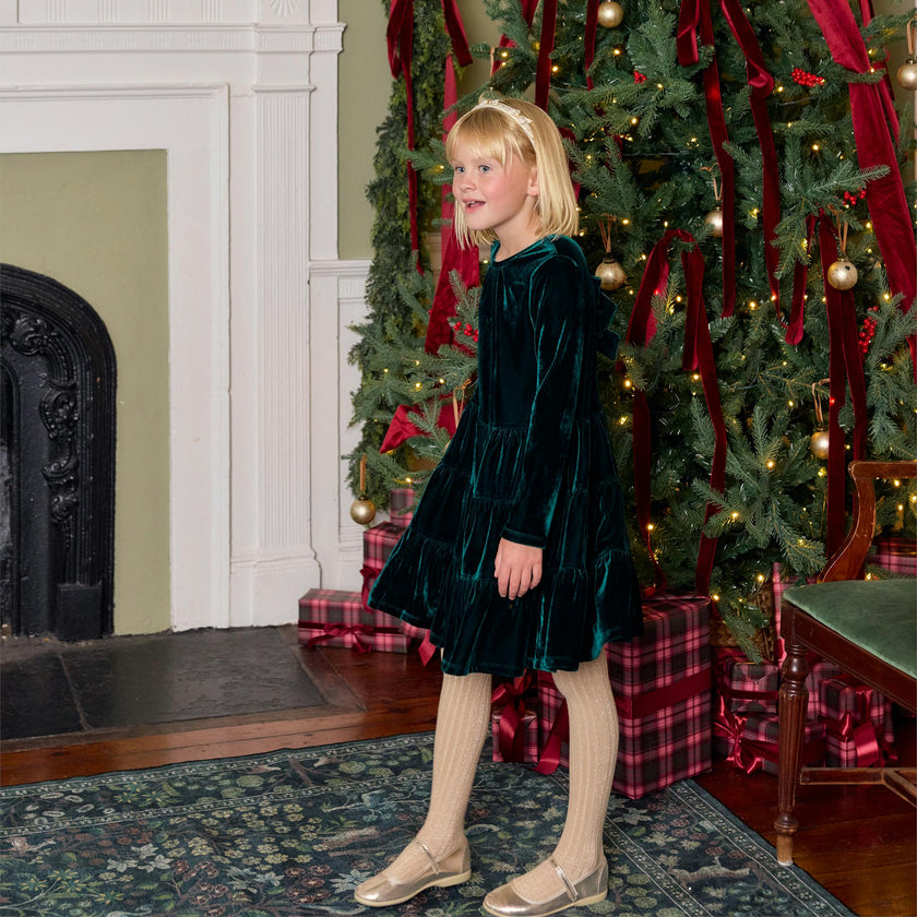Girls Pearl Dress - Evergreen Velour
