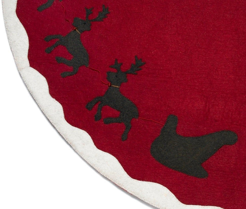 Handmade Felt Sleigh and Reindeer Red Christmas Tree Skirt 60"
