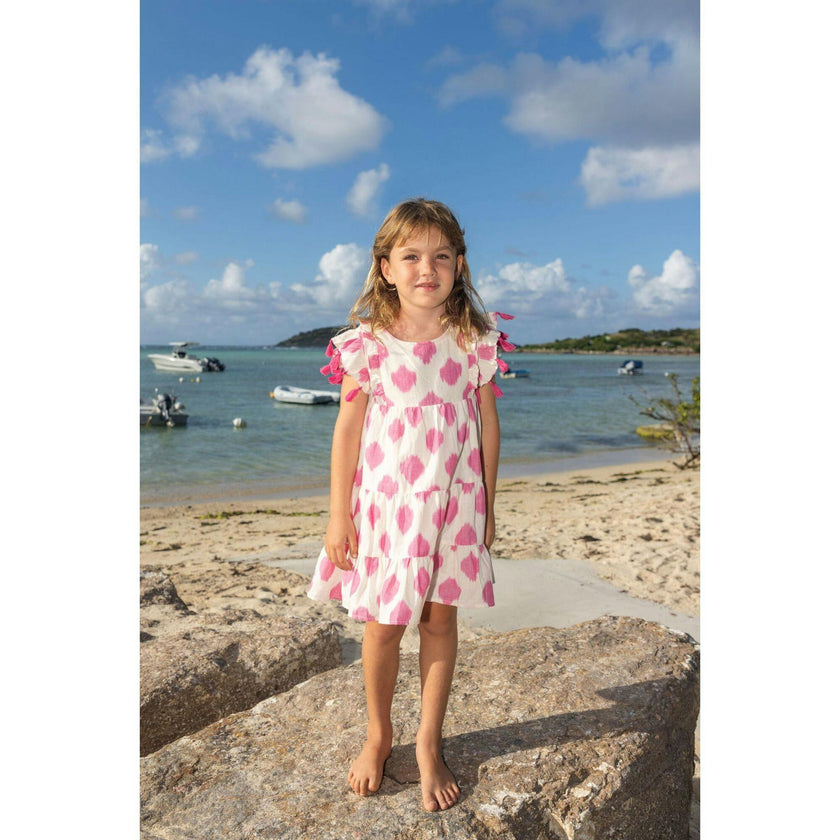 Sophie Girl's Tassel Dress White Pink Ikat, Pink