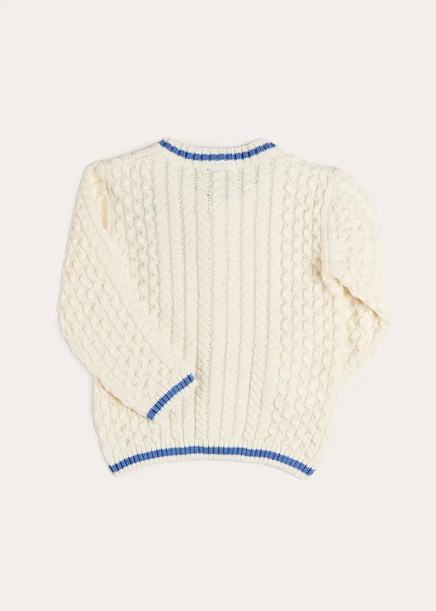 Plane Embroidered Cable Knit Cardigan in Cream (12mths-6yrs)