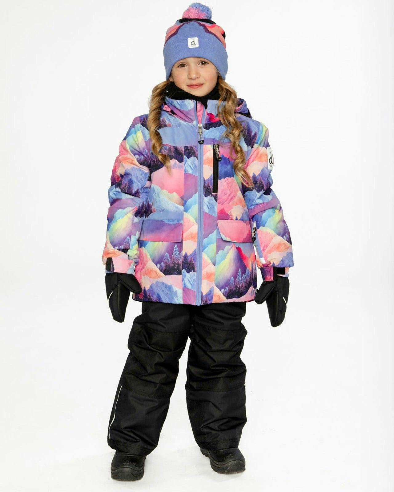 Two Piece Play Snowsuit Pink Mountain Print With Black Pants