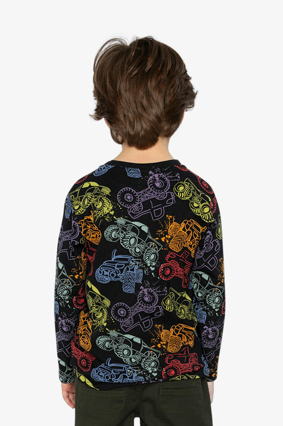 Organic Cotton Long Sleeve T-Shirt Black Monster Truck Print
