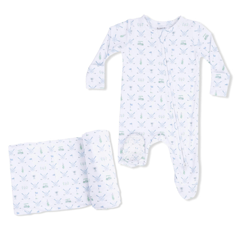 Golf Trellis Blue - 2 Way Zipper Footie & Swaddle Blanket