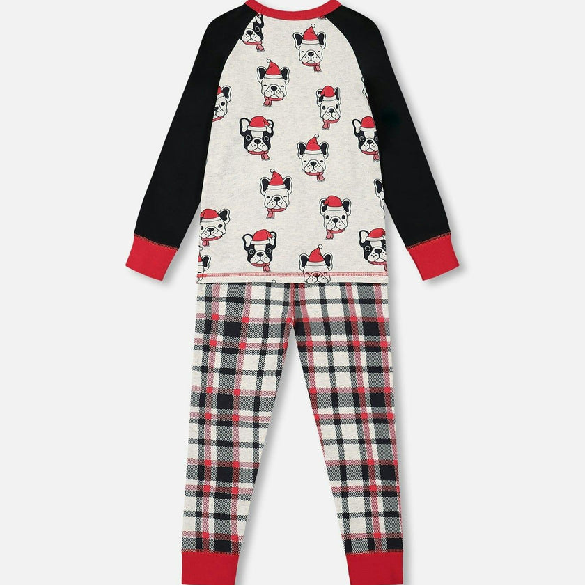 Organic Cotton Printed Dogs Two Piece Pajama Set Oatmeal Mix