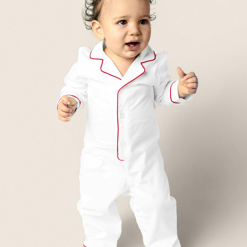 Baby's Twill Romper in White with Red Piping