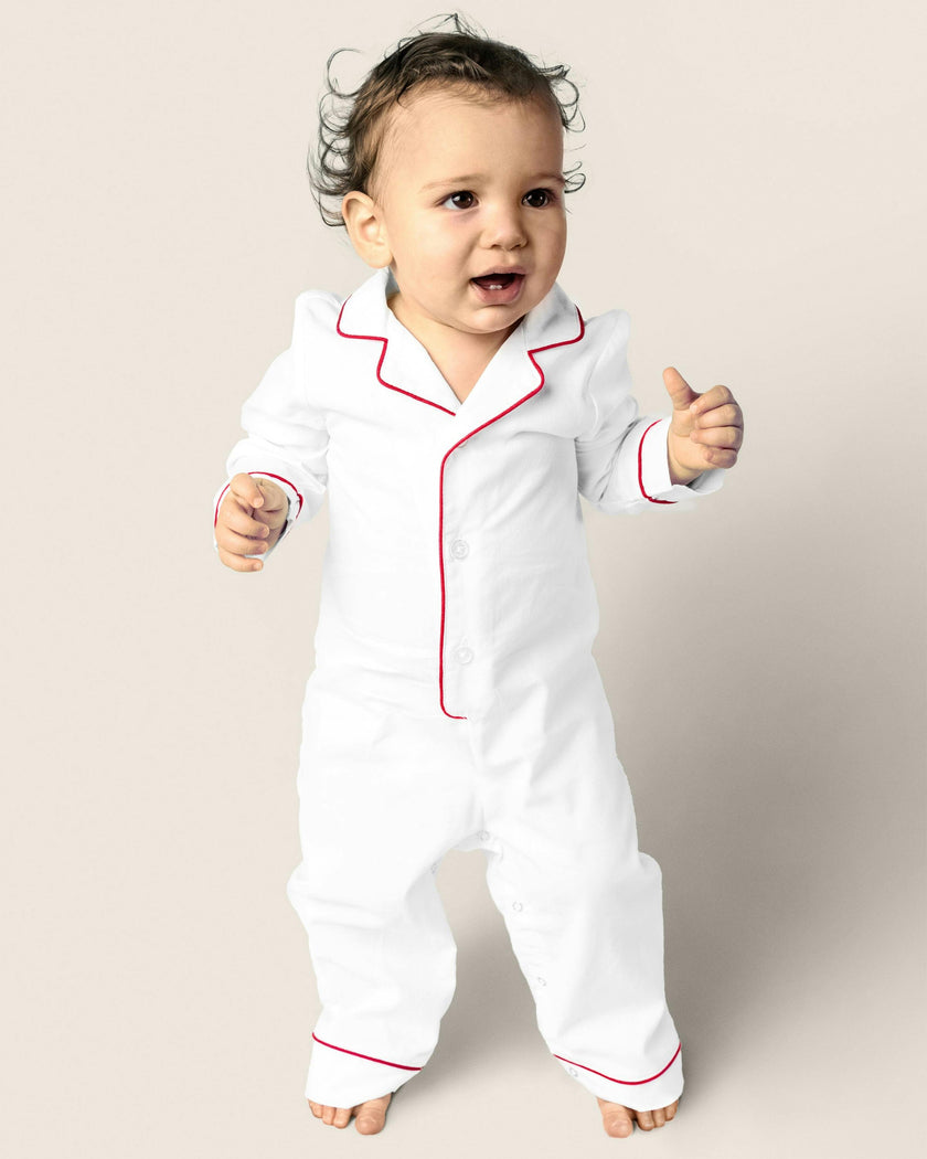 Baby's Classic Twill Romper in White with Red Piping