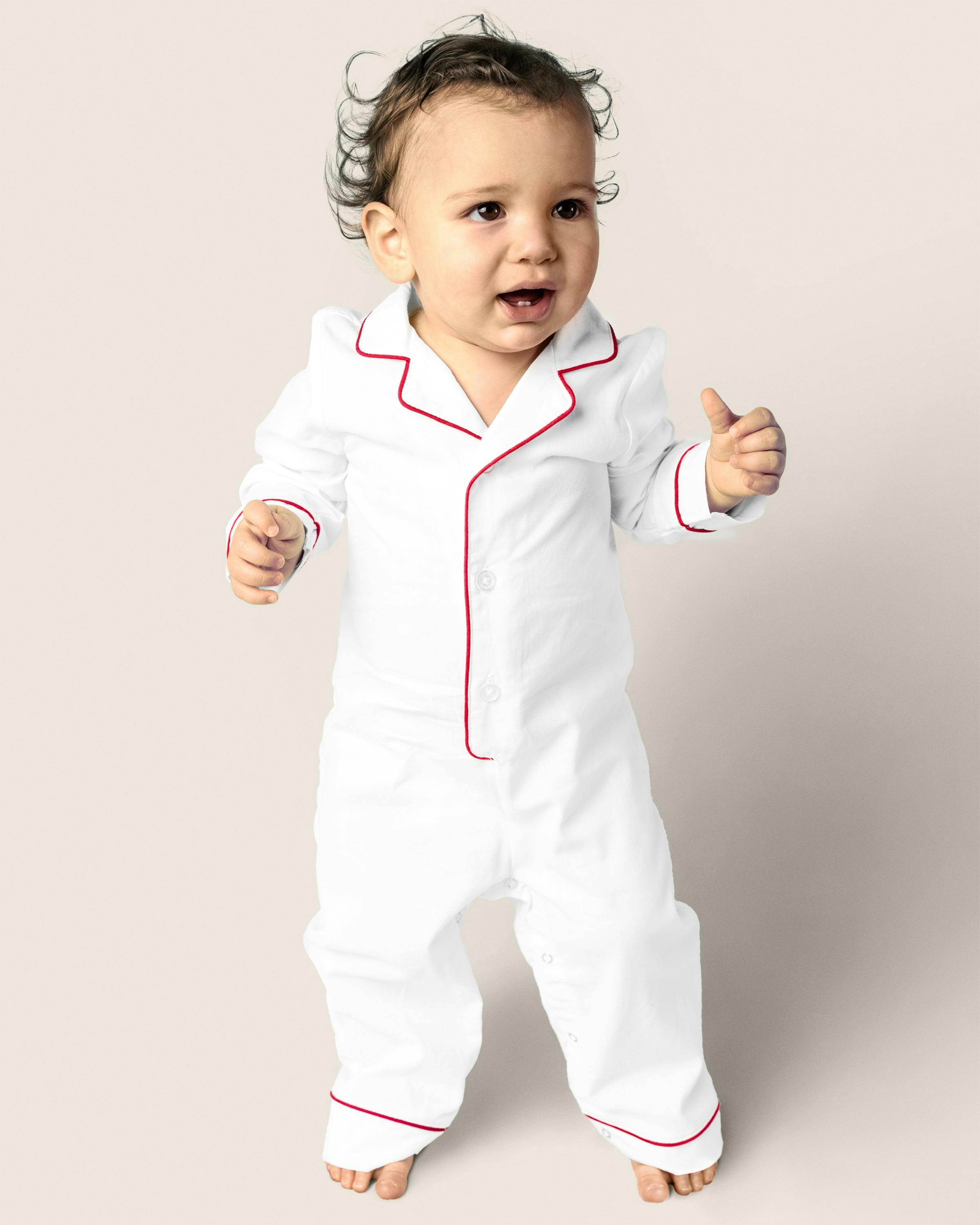 Baby's Classic Twill Romper in White with Red Piping