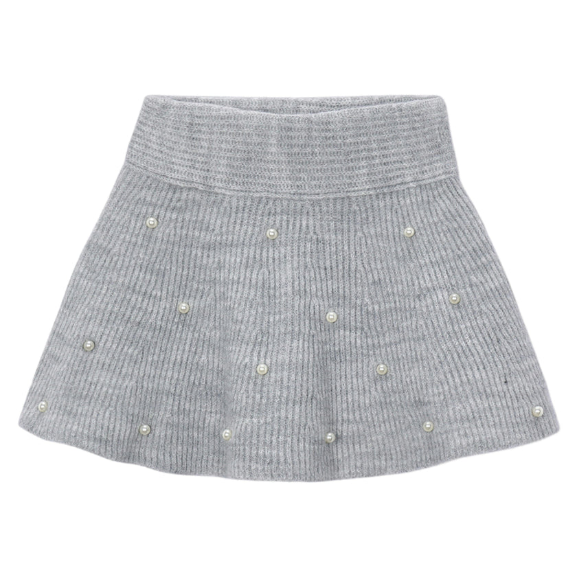 Grey Pearl Embellished Knit Skirt
