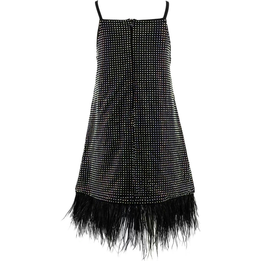 Midnight Crystal Feather Hem Sleeveless Dress
