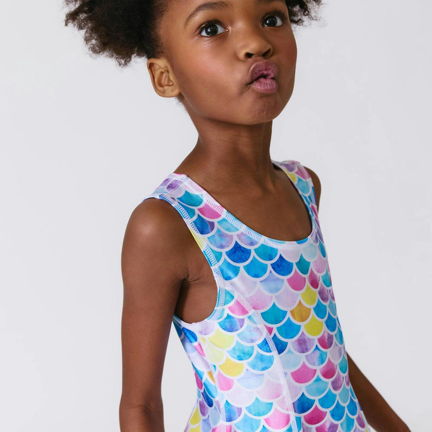 Girls Hi-Shine Skater Dress in Watercolor Mermaid