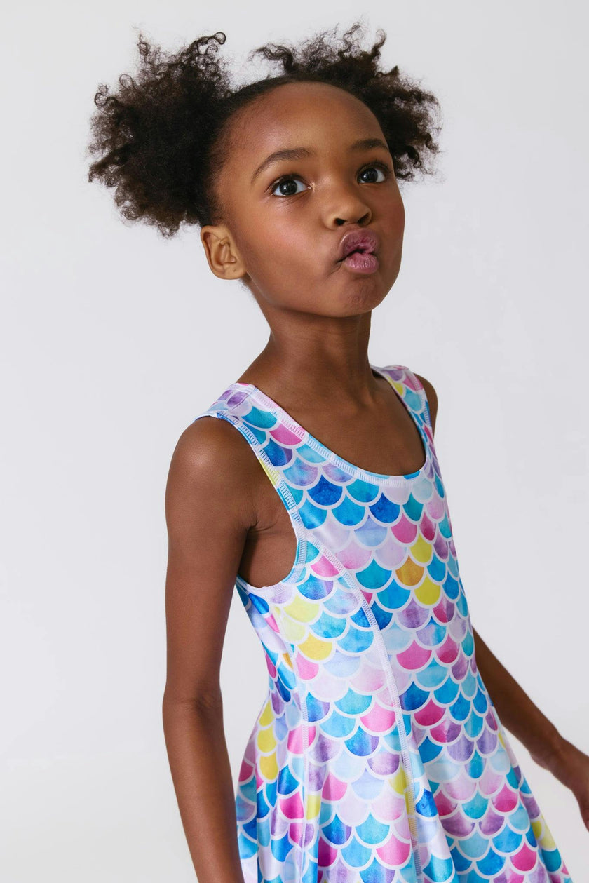 Girls Hi-Shine Skater Dress in Watercolor Mermaid