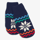 Kids knit mittens in rainbow snowflake fair isle