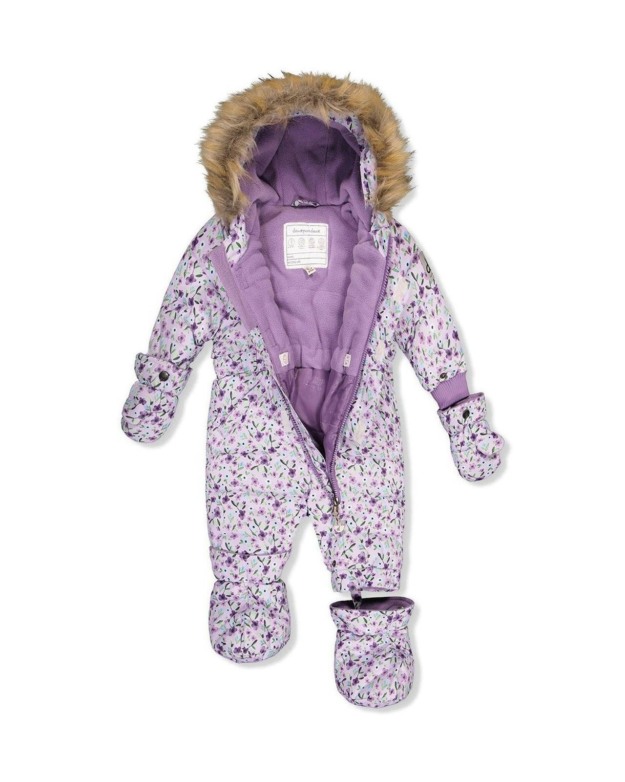 Baby Original One Piece Puffy Snowsuit With Removable Mittens And Boots Purple Printed Mini Flowers