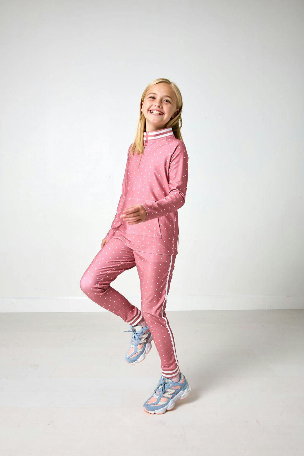 girls dusty pink polka dot retro half-zip