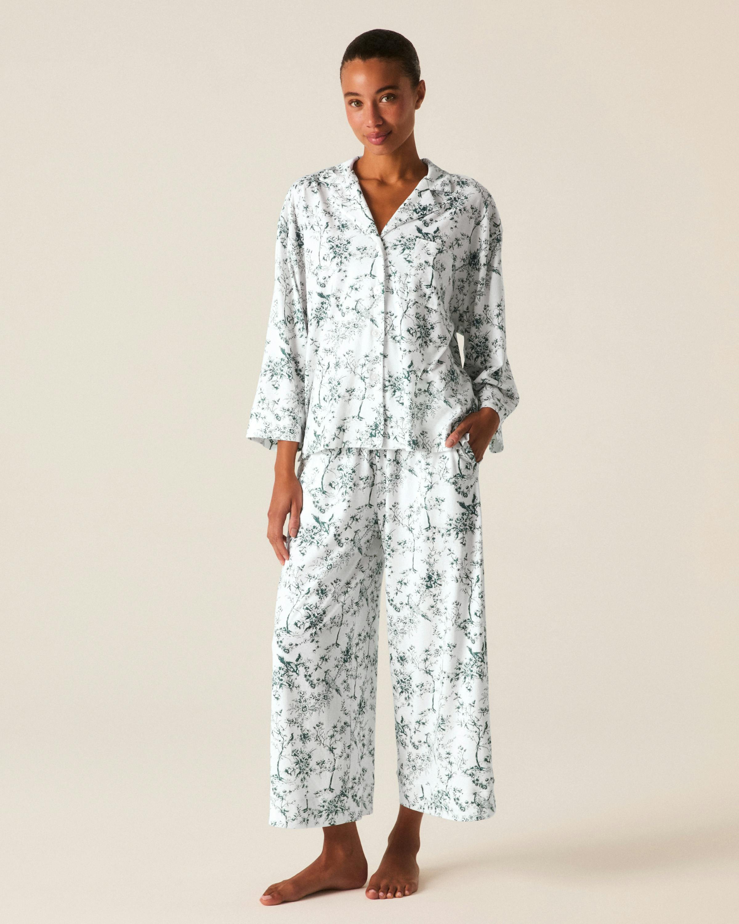 The Olivia Wide Leg Pima Pajama Set in Evergreen Timeless Toile