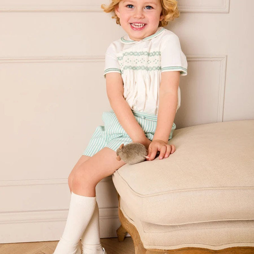 Wimbledon Stripe Hand Smocked Peter Pan Collar Two Piece Set in Green (18mths-6yrs)