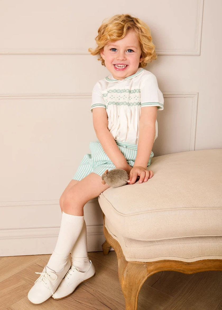 Wimbledon Stripe Hand Smocked Peter Pan Collar Two Piece Set in Green (18mths-6yrs)