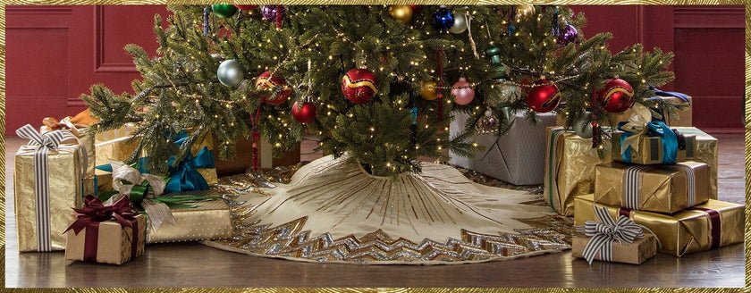Hand Beaded Metallic Starburst French Vanilla Silk Christmas Tree Skirt 60"/72"