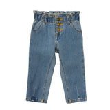 Girls Paperbag Denim Pants in Mid Blue Wash