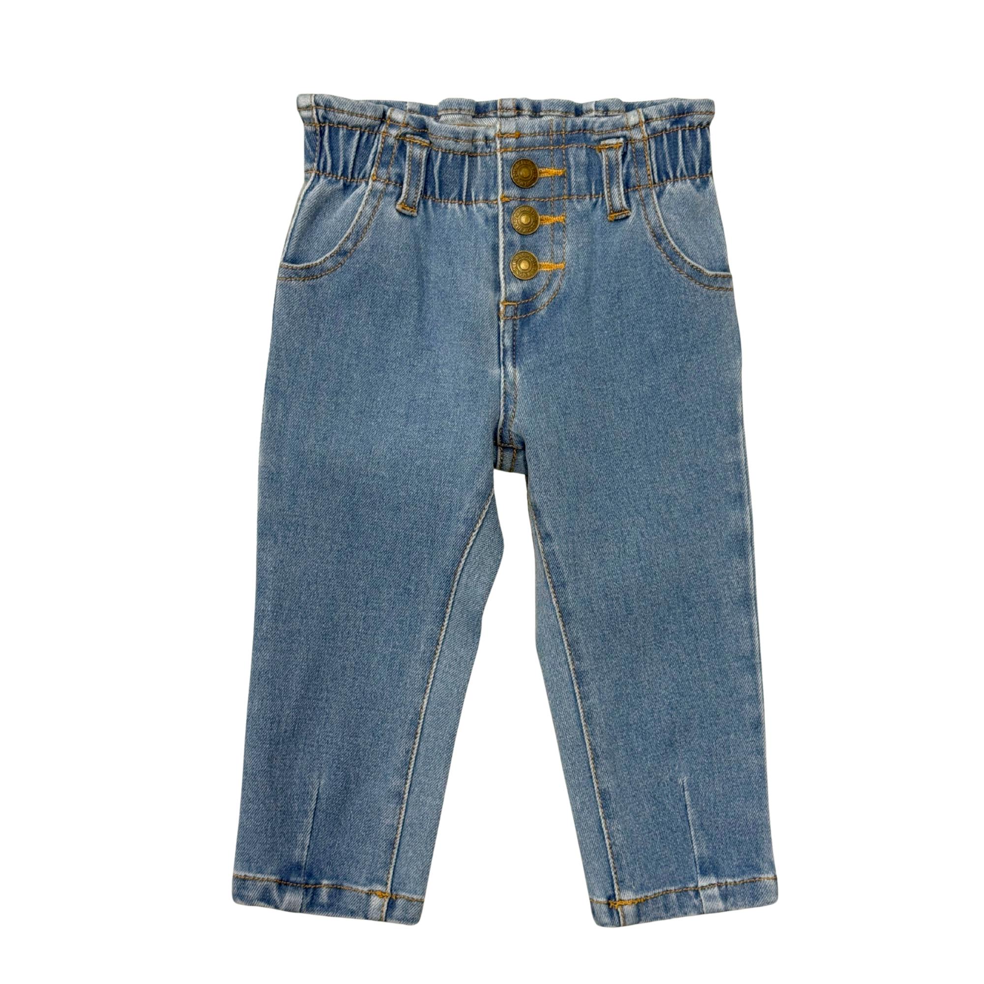 Girls Paperbag Denim Pants in Mid Blue Wash