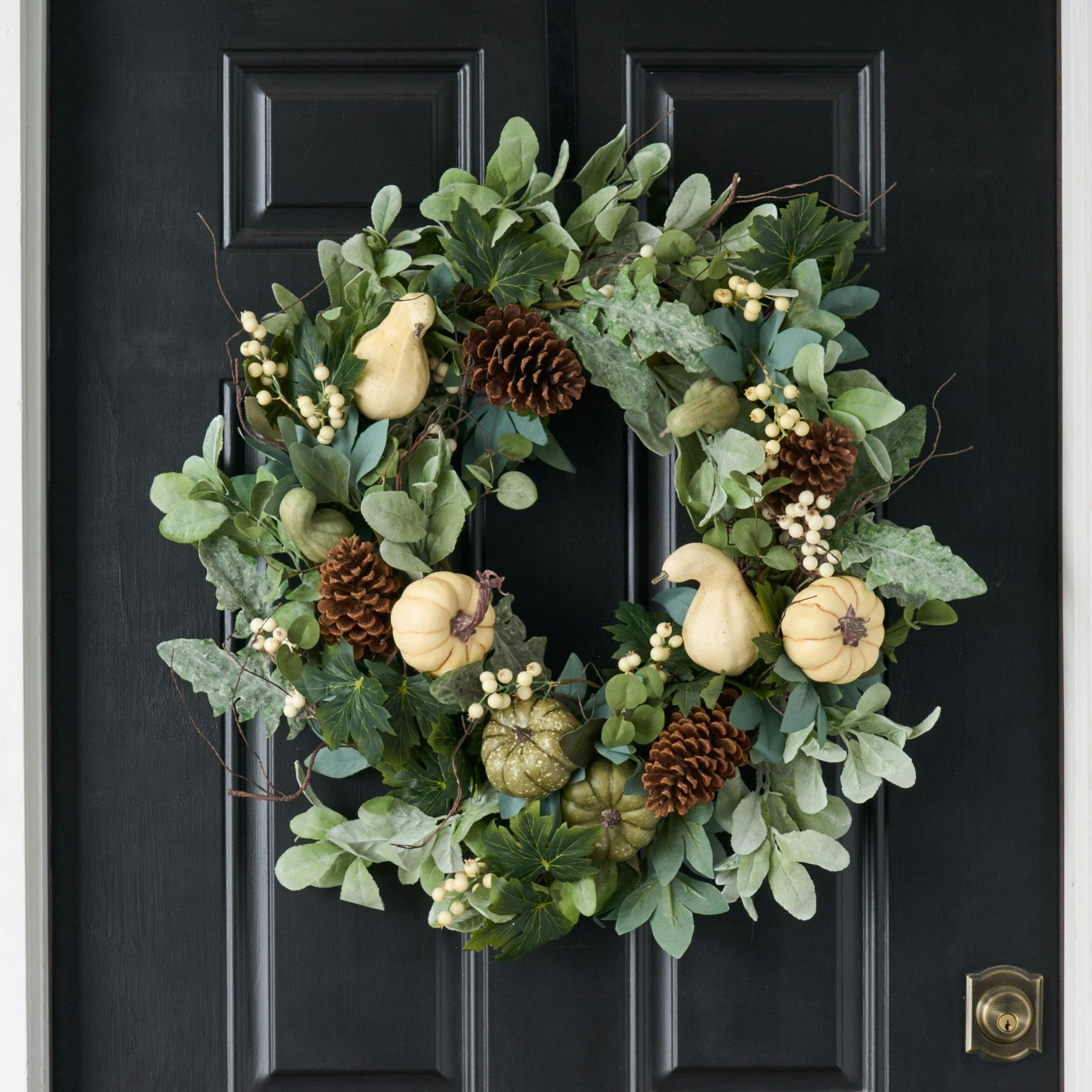Cream Pumpkin, Eucalyptus & Gourd, Lamb's Ear Fall Harvest Front Door Wreath - Available In 2 Sizes