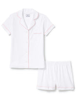 The Poppy Pima Short Set in White with Pink Piping