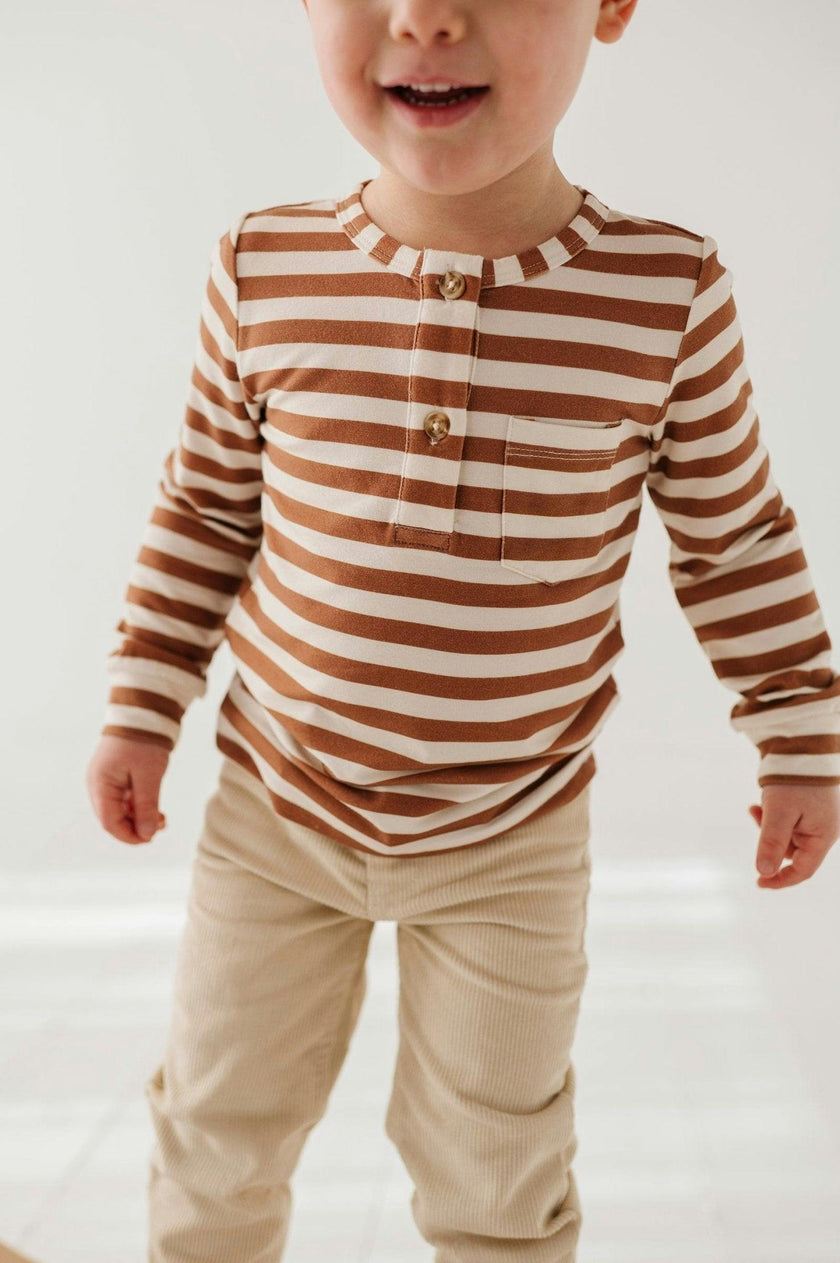Boys Long Sleeve Henley Shirt in Caramel Stripe