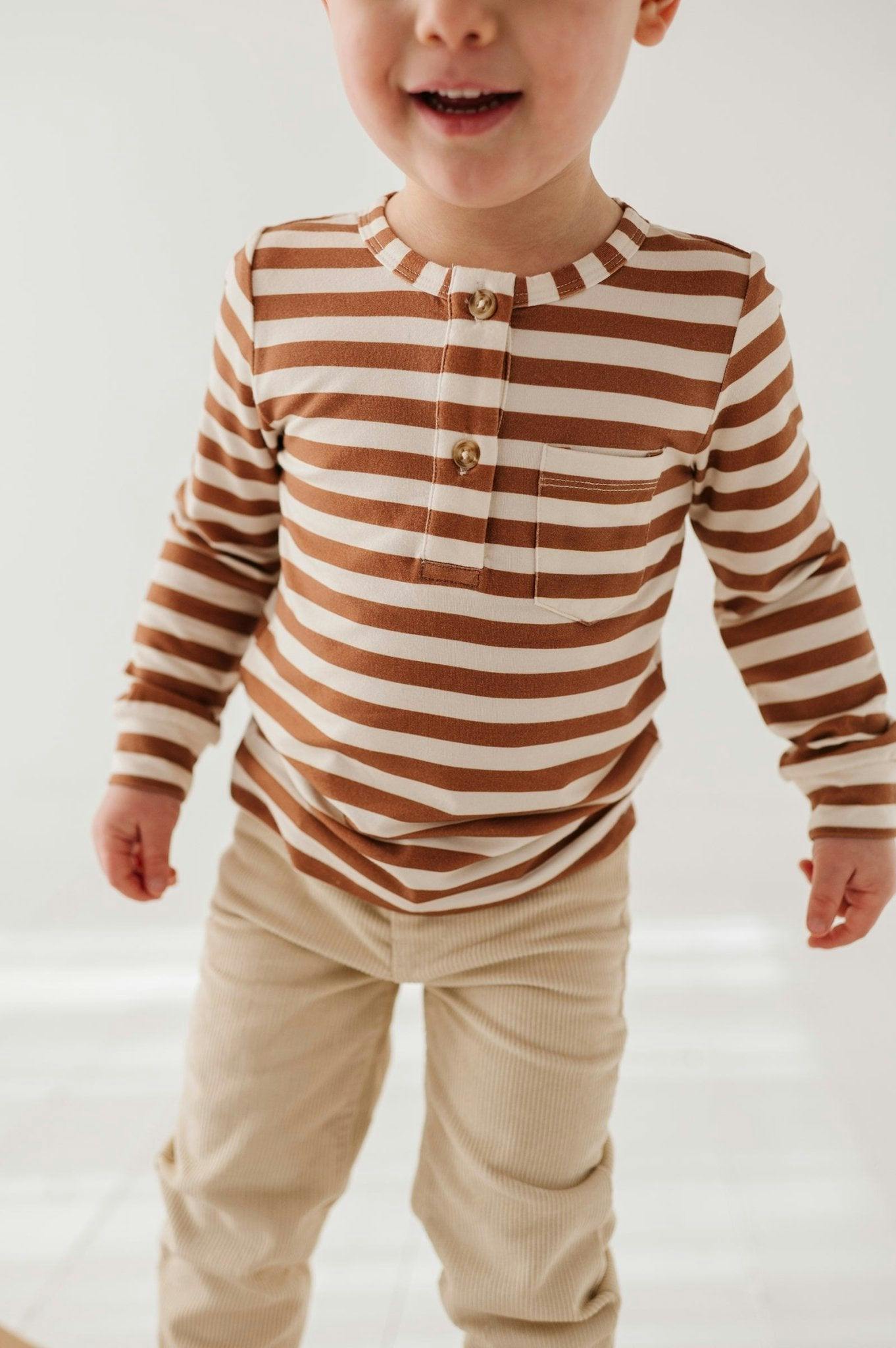 Boys Long Sleeve Henley Shirt in Caramel Stripe