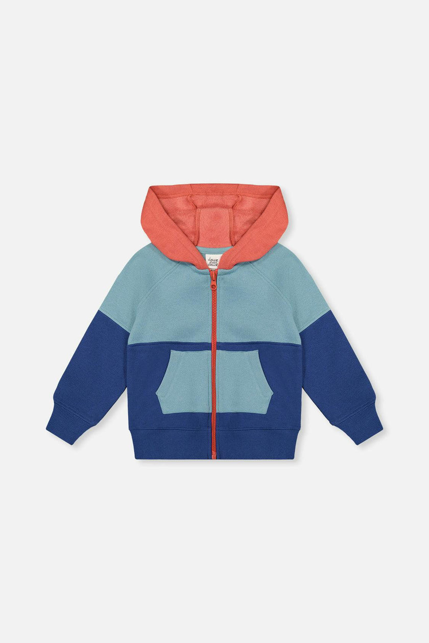 Full Zip Hooded Fleece Jacket Blue, Turquoise And Orange
