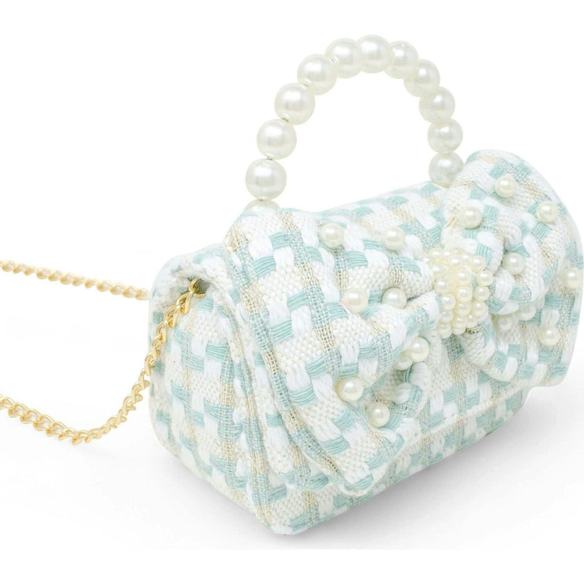 Girls Tweed Jumbo Pearl Bow Handbag