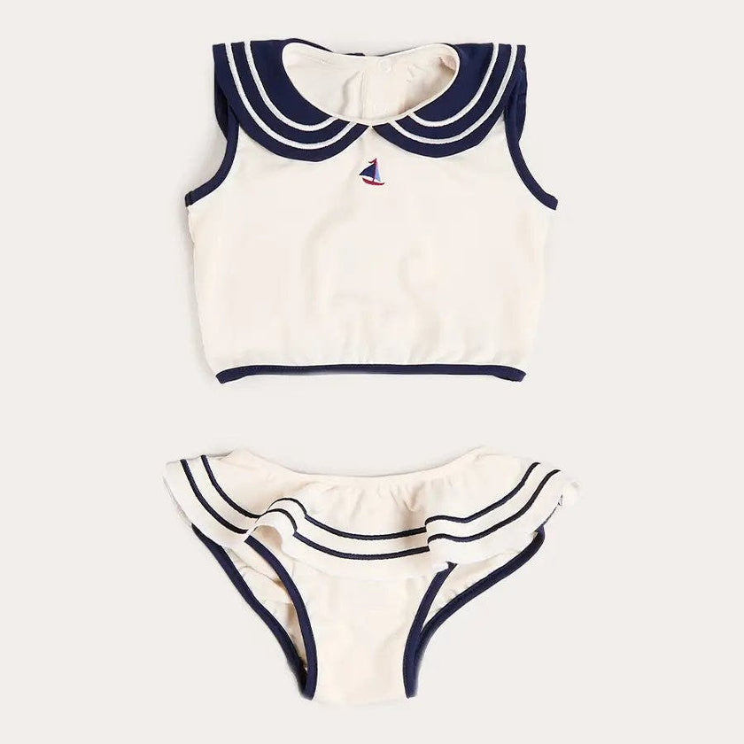 Mariner Collar Embroidered Boat Motif Two Piece Swimsuit in White (12mths- 10yrs)