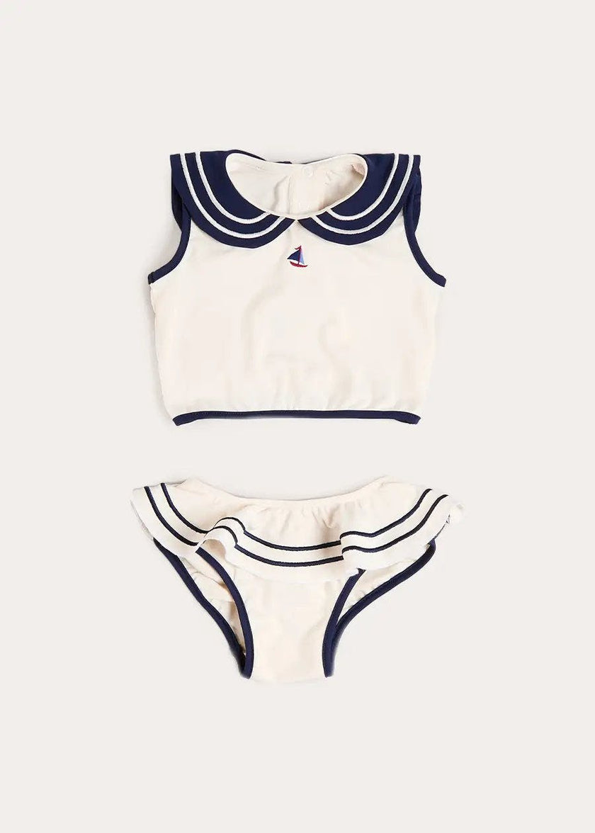 Mariner Collar Embroidered Boat Motif Two Piece Swimsuit in White (12mths- 10yrs)
