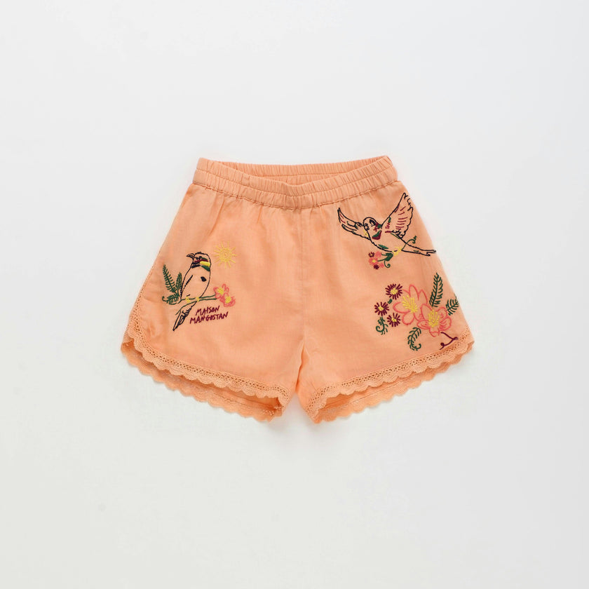 BIRDS EMBROIDERED SHORTS PEACH